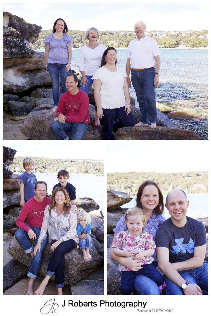 Combinations of different families in a multi generation family portrait at balmoral beach sydney